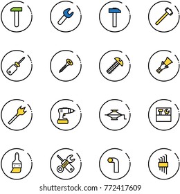 line vector icon set - work vector, wrench, hammer, sledgehammer, screwdriver, screw, dowel, wood drill, jack, tool box, brush, allen key, set