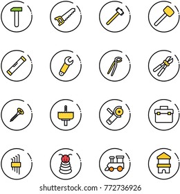 line vector icon set - work vector, saw, sledgehammer, rubber hammer, level, wrench, plumber, bolt cutter, screw, crown drill, Angular grinder, tool box, allen key set, pyramid toy, train