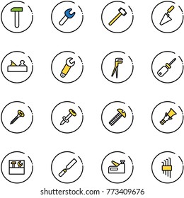 line vector icon set - work vector, wrench, sledgehammer, trowel, jointer, plumber, screwdriver, screw, nail dowel, tool box, rasp, stapler, allen key set