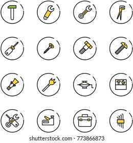 line vector icon set - work vector, wrench, plumber, screwdriver, screw, bolt, dowel, wood drill, jack, tool box, stapler, allen key set