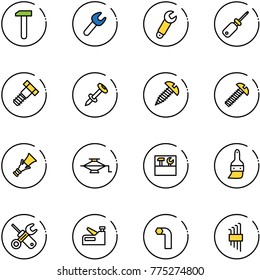 line vector icon set - work vector, wrench, screwdriver, bolt, nail dowel, screw, jack, tool box, brush, stapler, allen key, set