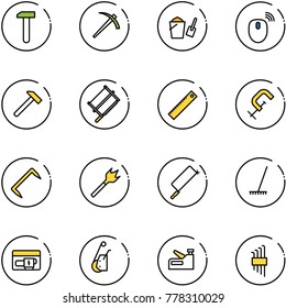line vector icon set - work vector, job, bucket scoop, mouse wireless, hammer, bucksaw, ruler, clamp, staple, wood drill, metal hacksaw, rake, generator, winch, stapler, allen key set