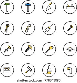 line vector icon set - work vector, hammer, trowel, jointer, plumber, screwdriver, screw, nail dowel, wood drill, jack, tool box, paint roller, brush, allen key