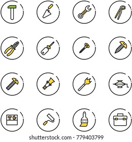 line vector icon set - work vector, trowel, wrench, plumber, pliers, screwdriver, screw, dowel, wood drill, jack, tool box, paint roller, brush