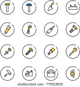 line vector icon set - work vector, hammer, trowel, jointer, wrench, plumber, screwdriver, bolt, nail dowel, screw, wood drill, paint roller, stapler, tool box, allen key set