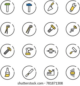 line vector icon set - work vector, hammer, trowel, wrench, plumber, bolt, nail dowel, screw, drill, jack, paint roller, brush, rasp, stapler, allen key set