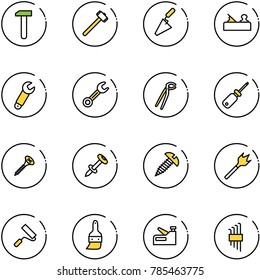 line vector icon set - work vector, sledgehammer, trowel, jointer, wrench, plumber, screwdriver, screw, nail dowel, wood drill, paint roller, brush, stapler, allen key set