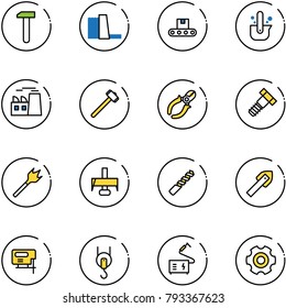 line vector icon set - work vector, water power plant, conveyor, casting of steel, sledgehammer, side cutters, bolt, wood drill, milling cutter, tile, jig saw, winch, welding, gear
