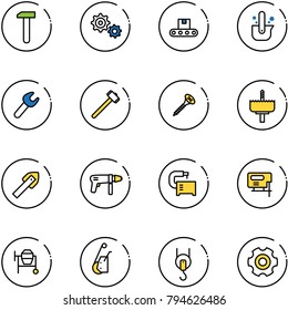 line vector icon set - work vector, gear, conveyor, casting of steel, wrench, sledgehammer, screw, crown drill, tile, machine, tool, jig saw, cocncrete mixer, winch