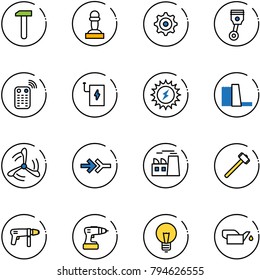 line vector icon set - work vector, pawn, gear, piston, remote control, power bank, sun, water plant, wind mill, connect, sledgehammer, drill machine, bulb, oiler