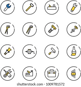 line vector icon set - wrench vector, sledgehammer, jointer, plumber, bolt, nail dowel, jack, paint roller, brush, screwdriver, stapler, tool box, allen key set