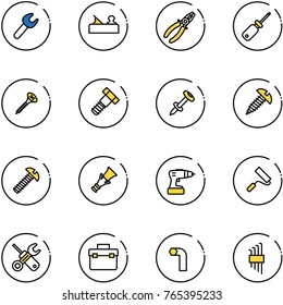 line vector icon set - wrench vector, jointer, pliers, screwdriver, screw, bolt, nail dowel, drill, paint roller, tool box, allen key, set