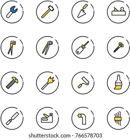 line vector icon set - wrench vector, sledgehammer, trowel, jointer, plumber, screwdriver, screw, wood drill, paint roller, brush, rasp, stapler, allen key, set