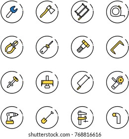 line vector icon set - wrench vector, axe, bucksaw, measuring tape, side cutters, screwdriver, bolt, staple, nail dowel, milling cutter, metal hacksaw, Angular grinder, drill, shovel, clamp