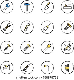 line vector icon set - wrench vector, hammer, trowel, jointer, plumber, screwdriver, bolt, nail dowel, screw, wood drill, stapler, gun sealant, allen key, set