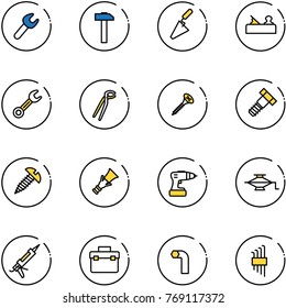 line vector icon set - wrench vector, hammer, trowel, jointer, plumber, screw, bolt, dowel, drill, jack, gun sealant, tool box, allen key, set