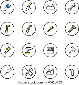 line vector icon set - wrench vector, trowel, jointer, plumber, screw, dowel, drill, tool box, paint roller, rasp, screwdriver, stapler, allen key