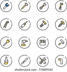 line vector icon set - wrench vector, sledgehammer, plumber, screwdriver, bolt, screw, wood drill, tool box, paint roller, brush, rasp, allen key