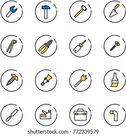 line vector icon set - wrench vector, hammer, sledgehammer, trowel, plumber, pliers, screwdriver, screw, dowel, wood drill, brush, rasp, stapler, tool box, allen key