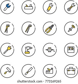 line vector icon set - wrench vector, jointer, plumber, pliers, nail dowel, wood drill, jack, tool box, paint roller, rasp, stapler