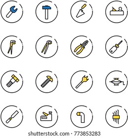 line vector icon set - wrench vector, hammer, trowel, jointer, plumber, pliers, screwdriver, bolt, screw, wood drill, jack, rasp, stapler, allen key, set