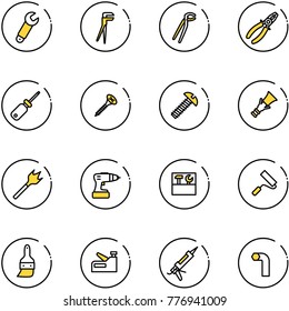 line vector icon set - wrench vector, plumber, pliers, screwdriver, screw, dowel, wood drill, tool box, paint roller, brush, stapler, gun sealant, allen key