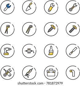line vector icon set - wrench vector, trowel, plumber, screw, drill, jack, brush, rasp, screwdriver, gun sealant, tool box, allen key