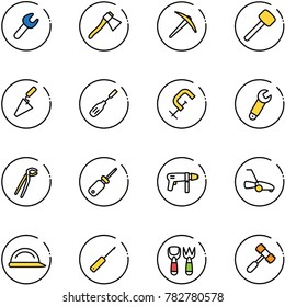 line vector icon set - wrench vector, axe, rubber hammer, trowel, chisel, clamp, plumber, screwdriver, drill machine, lawn mower, construction helmet, awl, shovel fork toy