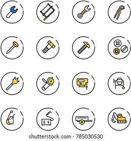 line vector icon set - wrench vector, bucksaw, plumber, nail, bolt, screw, rivet, wood drill, Angular grinder, jig saw, cocncrete mixer, winch, welding, trailer, excavator toy