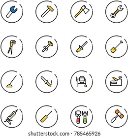 line vector icon set - wrench vector, hammer, axe, plumber, nail dowel, clinch, shovel, hoe, soldering iron, cocncrete mixer, stapler, gun sealant, awl, fork toy
