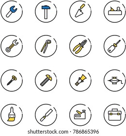 line vector icon set - wrench vector, hammer, trowel, jointer, plumber, pliers, screwdriver, screw, dowel, jack, brush, rasp, stapler, tool box