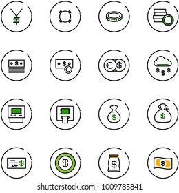 line vector icon set - yen vector, currency, coin, dollar, cash, euro, money rain, atm, bag, check