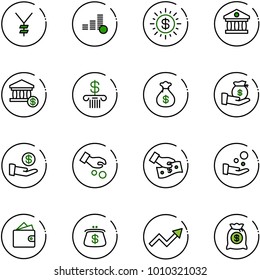 line vector icon set - yen vector, coin, dollar sun, bank, account, money bag, investment, cash pay, wallet, purse, growth arrow