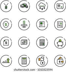 line vector icon set - yen vector, cash, money rain, safe, bank, atm, account statement, statistics report, calculator, piggy, growth arrow, rich, finance management