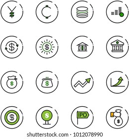 line vector icon set - yen vector, cent, coin, dollar exchange, sun, bank, money bag, purse, growth arrow, tree, ipo, rich