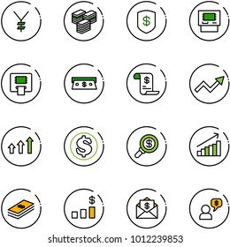 line vector icon set - yen vector, big cash, safe, atm, account history, growth arrow, arrows up, dollar, search money, chart, mail, dialog