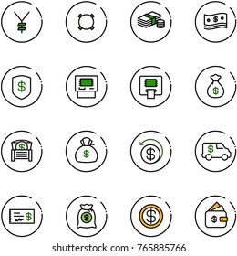 line vector icon set - yen vector, currency, cash, safe, atm, money bag, chest, back, encashment car, check, dollar, finance management