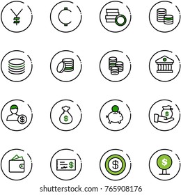 line vector icon set - yen vector, cent, coin, bank, account, money bag, piggy, investment, wallet, check, dollar, tree