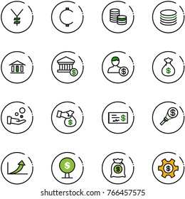 line vector icon set - yen vector, cent, coin, bank, account, money bag, cash pay, encashment, check, torch, growth arrow, tree, managemet