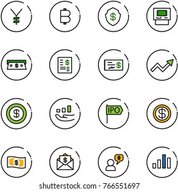 line vector icon set - yen vector, bitcoin, safe, atm, cash, account statement, check, growth arrow, dollar, ipo, money, mail, dialog, chart