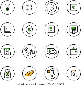 line vector icon set - yen vector, currency, dollar coin, safe, atm, cash pay, encashment car, wallet, money bag, gold, rich