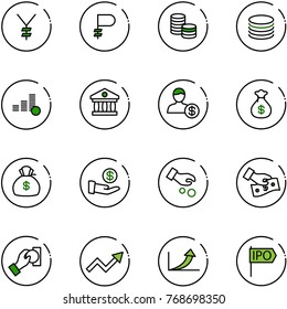line vector icon set - yen vector, ruble, coin, bank, account, money bag, investment, cash pay, growth arrow, ipo