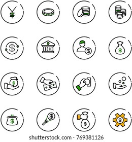 line vector icon set - yen vector, coin, dollar exchange, bank, account, money bag, investment, cash pay, purse, torch, rich, managemet