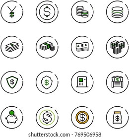 line vector icon set - yen vector, dollar coin, cash, big, safe, atm, money chest, piggy bank, bag