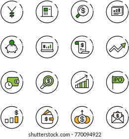 line vector icon set - yen vector, atm, money search, statistics report, piggy bank, account, history, growth arrow, wallet time, ipo, dollar chart, finance management, mail