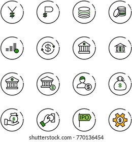line vector icon set - yen vector, ruble, coin, dollar exchange, bank, account, money bag, investment, cash pay, ipo, managemet