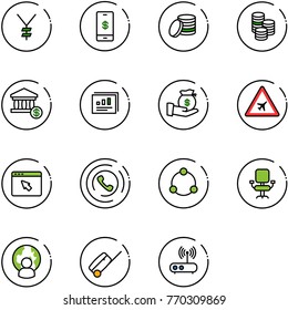 line vector icon set - yen vector, mobile payment, coin, account, statistics report, investment, airport road sign, cursor browser, phone horn, community, office chair, man globe, suitcase