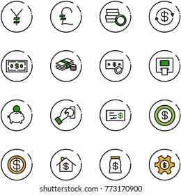 line vector icon set - yen vector, pound, coin, dollar exchange, cash, atm, piggy bank, pay, check, home, money bag, managemet