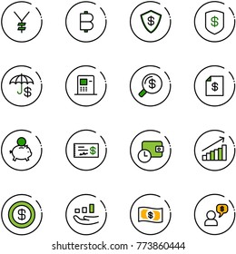 line vector icon set - yen vector, bitcoin, safe, insurance, atm, money search, account statement, piggy bank, check, wallet time, growth, dollar, dialog