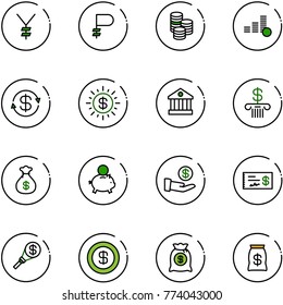 line vector icon set - yen vector, ruble, coin, dollar exchange, sun, bank, money bag, piggy, investment, check, torch